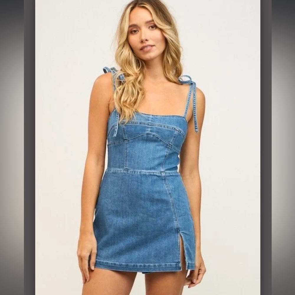 Etiquette Kayla Denim Romper Dress with Tie Straps